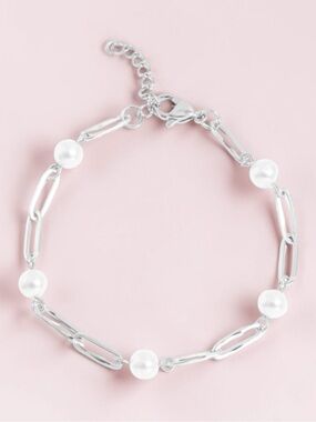 Silver Pearl Link Bracelet for Women - Contemporary Chain & Pearl Accents